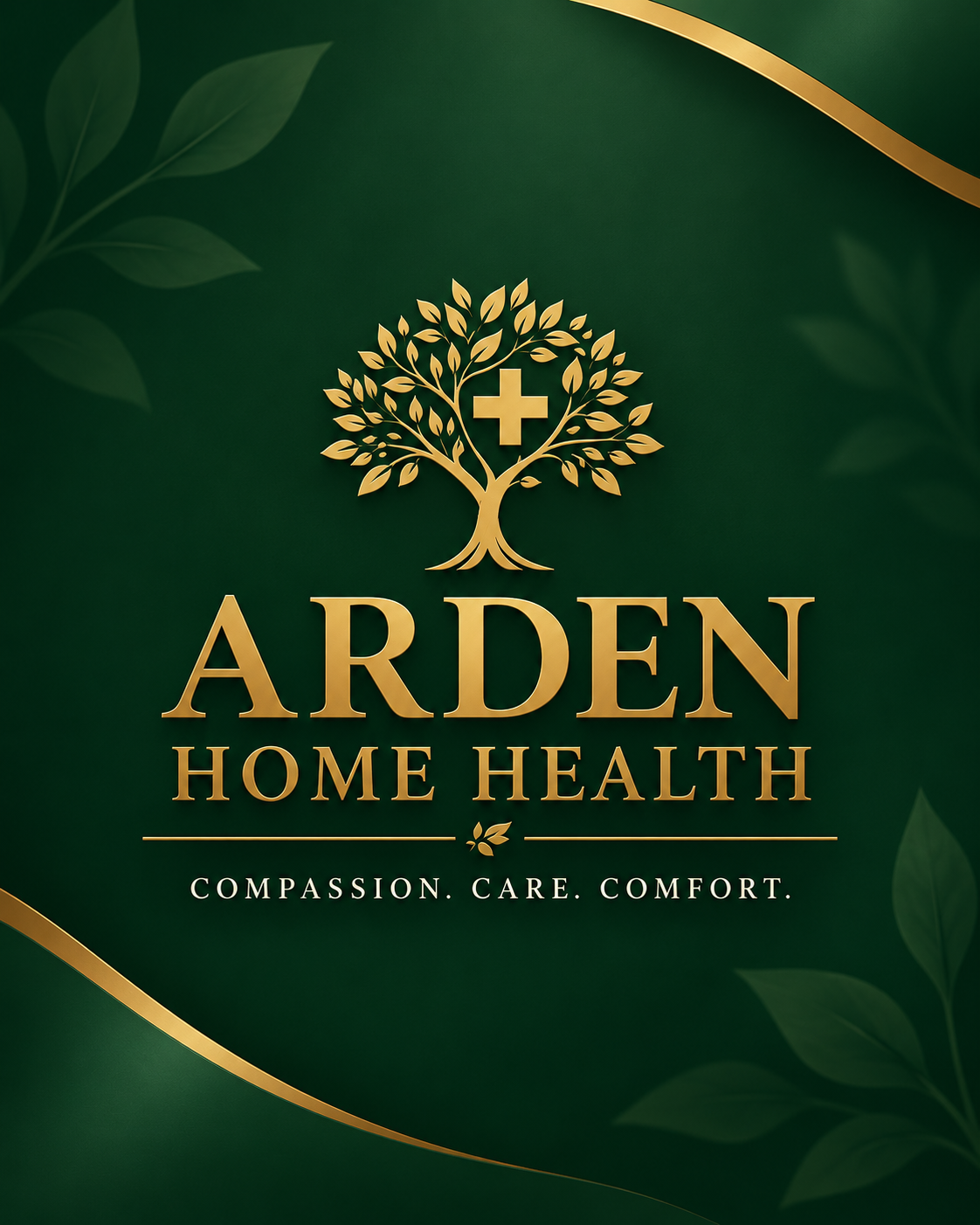 Arden Home Health emerald green and gold logo with a tree of life and medical cross